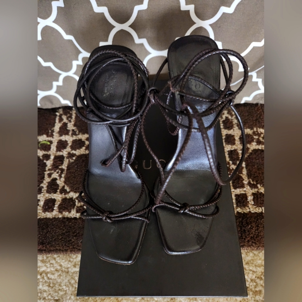 Gucci Dark Chocolate Strappy Bamboon Heel Sandals Size36
